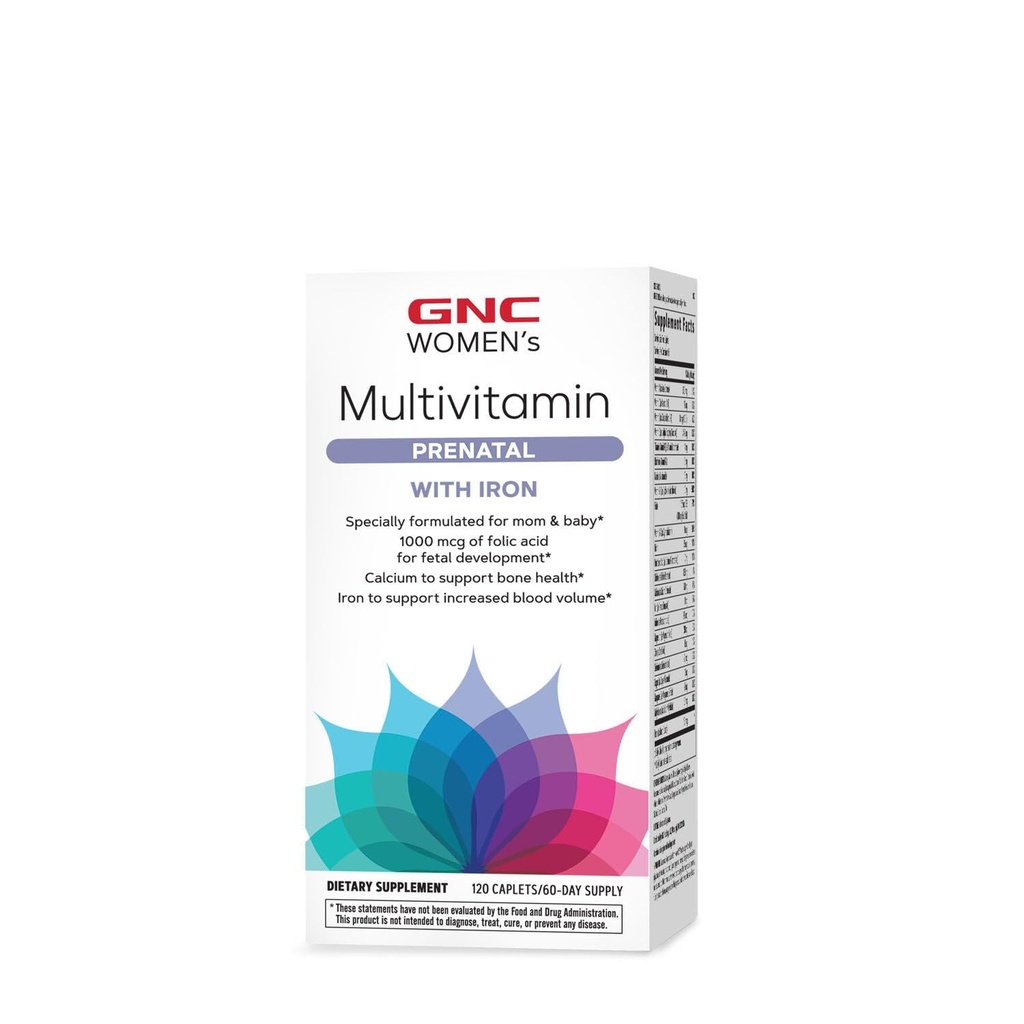 Formula prenatale multivitaminica femminile GNC con ferro, Supporta gravidanza e sviluppo sano del bambino, Nutrienti essenziali Acido Folico, Zinco, Calcio Plus B Vitamine, 120 Caplets
