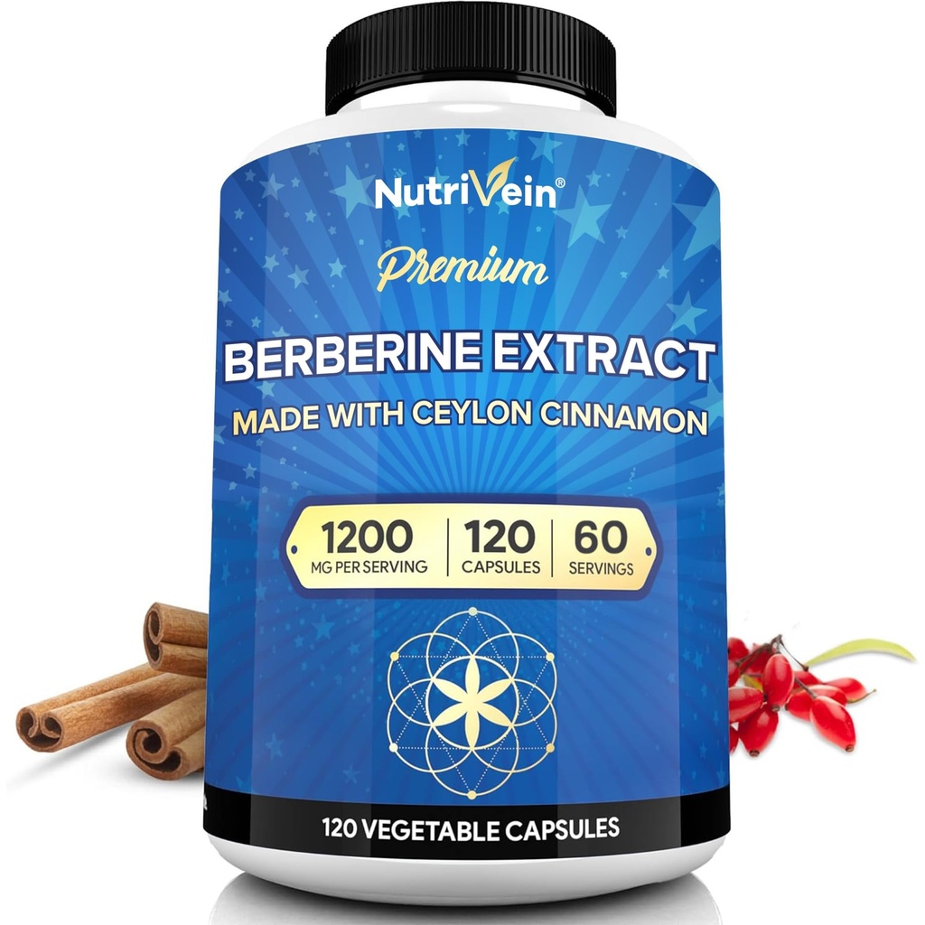 Nutrivein Premium Berberina HCL 1200 mg con Ceylon Cinnamon - 120 capsule: Integratore berbero ad alto assorbimento per difese, digestione e metabolismo