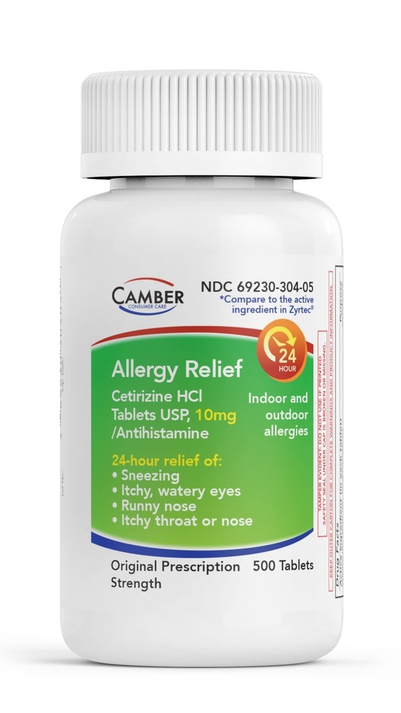 CAMBER PHARMACEUTICALS, INC Cetirizine HCI 10mg Tablets, 24Hour Allergy Relief, Medicina Allergia - 500 Count