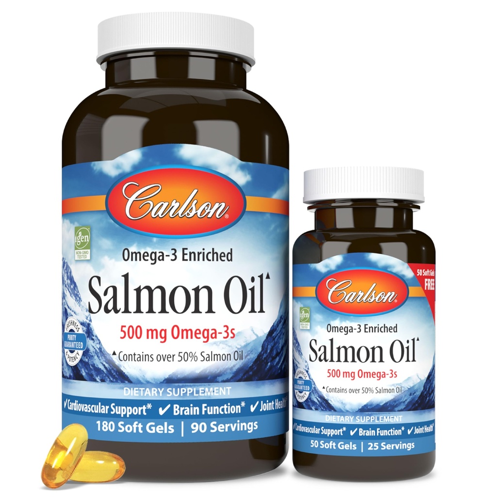 Carlson - Norvegese Salmon Oil, 500 mg Omega-3s, Norvegese Salmon Oil Supplement, Wild Caught Omega 3 Salmon Oil Capsule, Sostenibilmente Source, Cervello, Cuore e Joint Health, 180+50 Softgels