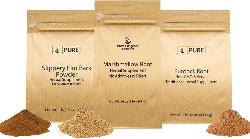 PURE ORIGINAL INGREDIENTI Slippery Elm Bark, Marshmallow Root e Burdock Root Bundle, 1 lb Ogni, Polvere, Integratori di erbe