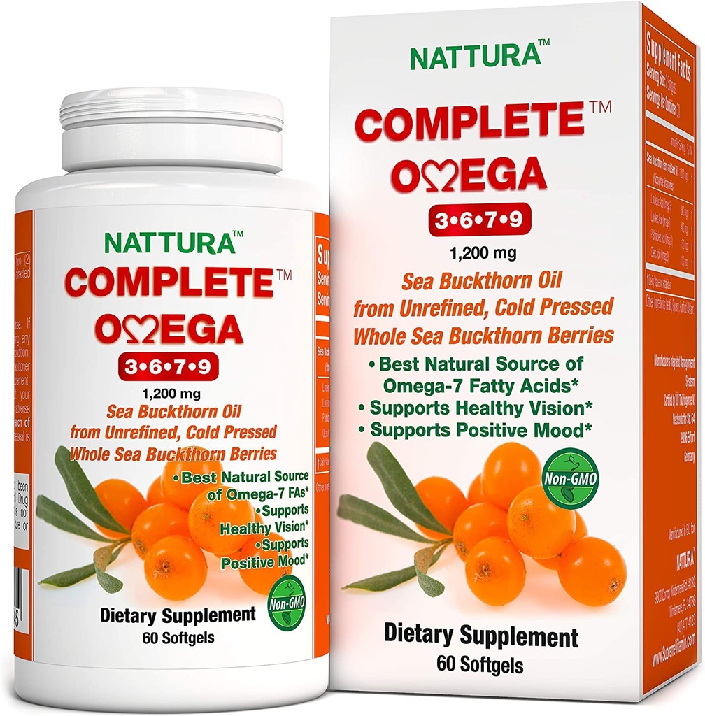 Nattura Complete Omega 3-6-7-9, Pure Sea Buckthorn Oil, Qualità Europea, da Unrefined, Pressato a freddo Intero Sea Buckthorn Wild Berries - Non OGM, Certificato Kosher, Gluten-Free 1 Bottiglia - 60 Capsule