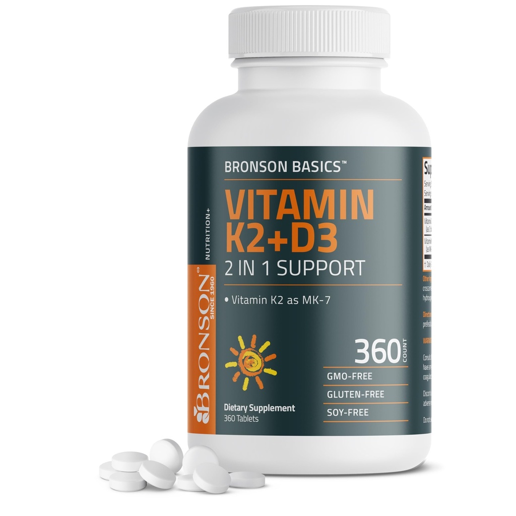 Bronson vitamina K2 D3 (MK7) Supplemento non OGM Formula Vitamina D3 5000IU (125 mcg) & 90 mcg K2 MK-7, Facile da ingoiare D & K Complex, 360 compresse