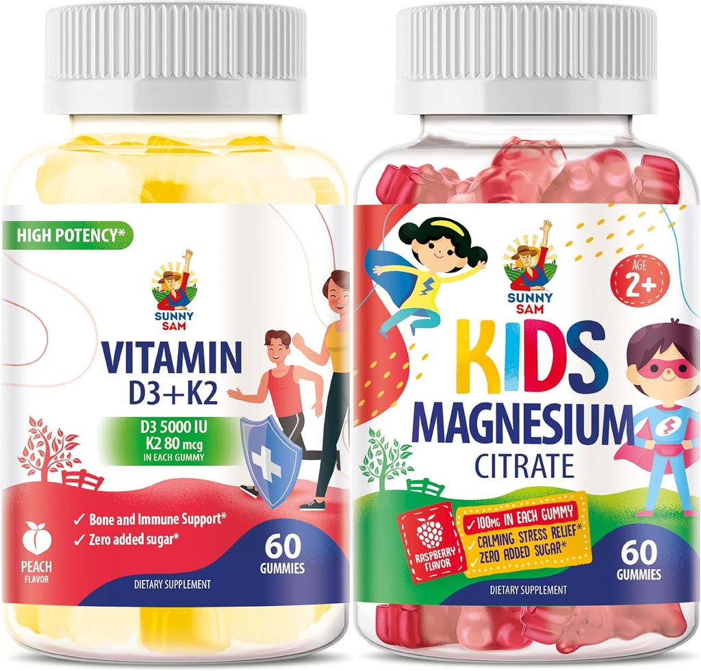 SUNNY SAM Vitamin D3 K2 Gummies 5000 IU & Magnesium Gummies per bambini Citrato Chewable Supplement per Mood & Muscle Support