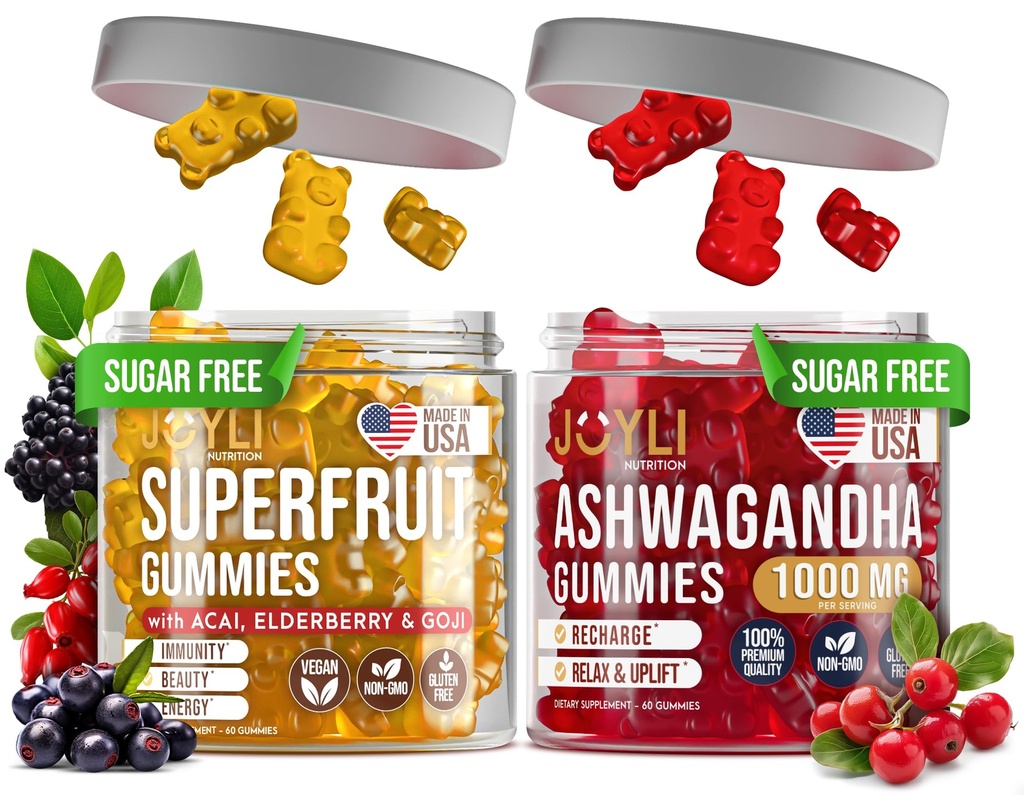 Joyli Ashwagandha & Superfruit Gummies Bundle – Mind & Body Balance + Daily Wellness Support – Vegan Multivitamin Formula con Goji, Elderberry, Vitamina C, D & Zinc – 2 Confezione per Adulti