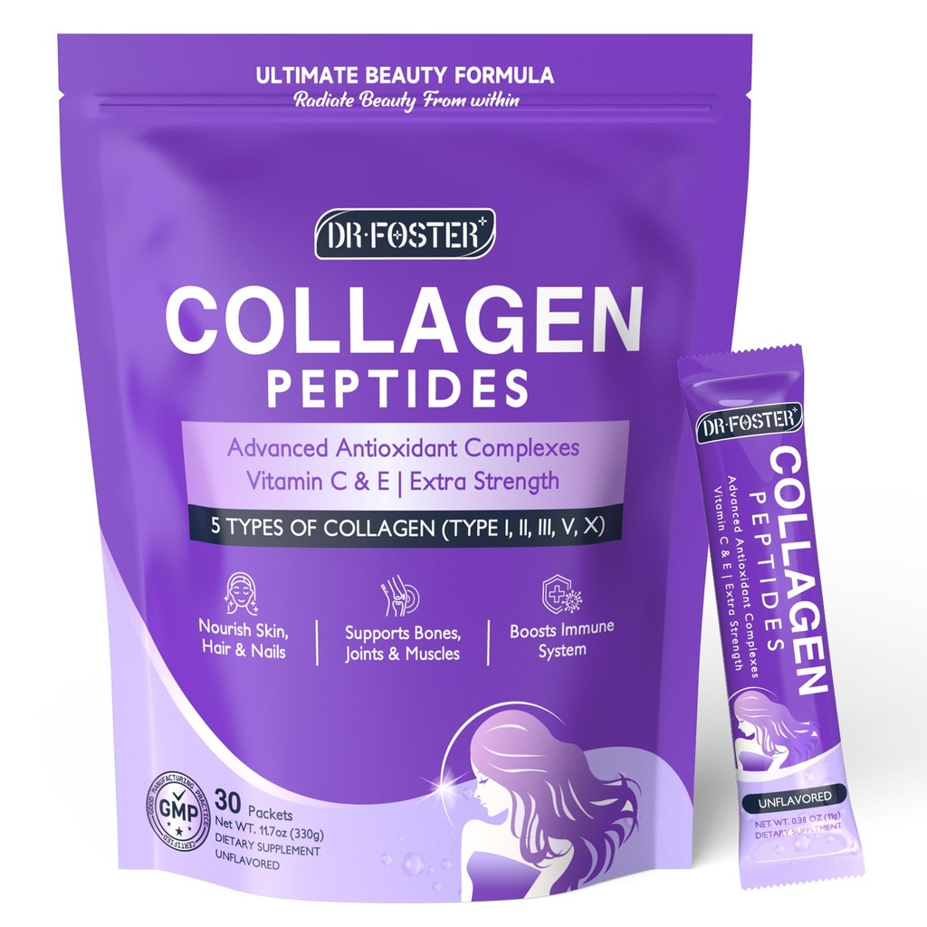 DRFOSTER Collagen-Peptides-Powder-Packets - Multi Tipo I II III V X Collage per le donne con miscela antiossidante + Vitamina C & E per pelle, Capelli, Unghie & Joint, Non OGM, 30 Stick Pack