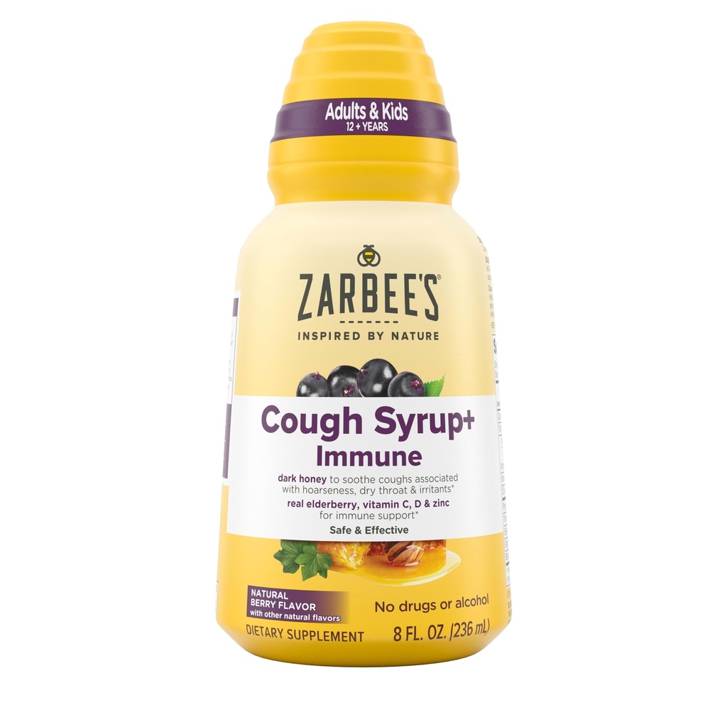 Zarbee's Naturals Complete Daytime Cough Syrup + Immune with Dark Honey, Real Elderberry, Vitamina C, D & Zinc, 8 oz Bottiglia