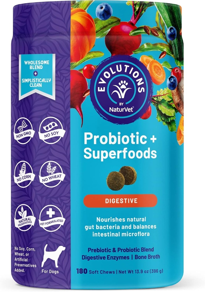 NaturVet Evolutions Probiotici & Superfoods 90ct Soft Chews for Dogs - Prebiotici & Probiotic Blend, Enzimi Digestivi, Bone Broth, Omega's - Nourishes Natural Gut Bacteria and Intestinal Microflora