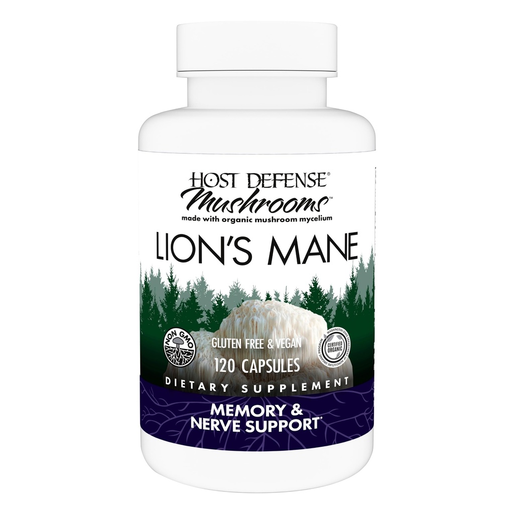 Host Defense Mushrooms Lion's Mane - Supplemento capsule per il supporto della salute del cervello - Supporto fungo per la funzione di messa a fuoco e memoria - Integratore di sistema immunitario e nervoso - 120 capsule (60 Serve)*