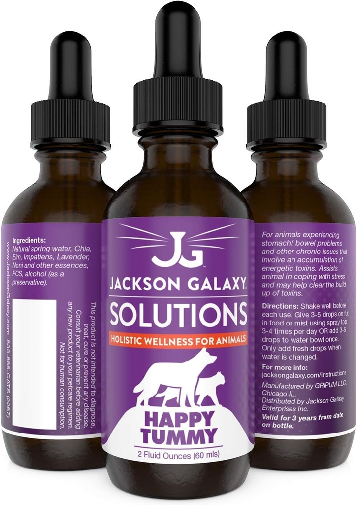 Jackson Galaxy: Happy Tummy (2 oz.) - Soluzione per animali domestici -Aiuto con Stress e Tossine di scarico - Può aiutare con problemi di stomaco (IBD, costipazione, ecc) - Formula All-Natural - Reiki Energy