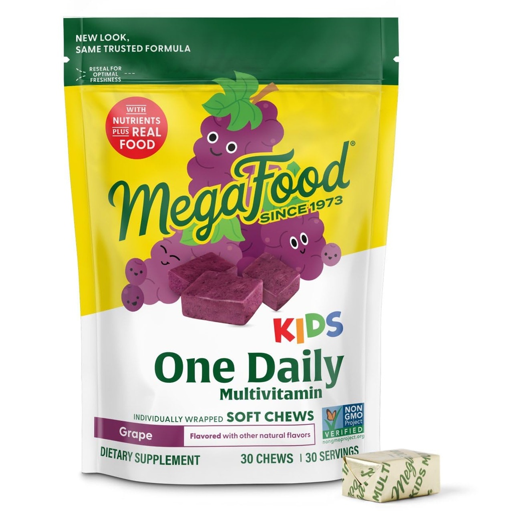 MegaFood Kids One Daily Multivitamin Soft Chews - Bambini Vitamine con Vitamina B, Vitamina C, Vitamina D & Vitamina E - Età 4+, Vegetariano, Fatto Senza 9 Allergeni Alimentari - Uva Flavor - 30 Chews