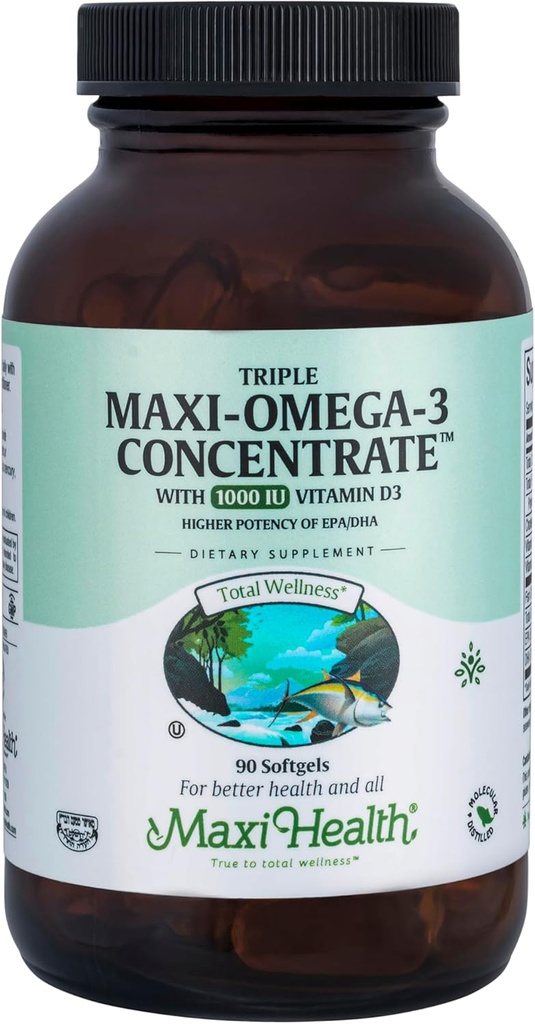 Maxi Salute Triple Omega-3 Concentrato - Olio di pesce -"1000 IU" Vitamina D3-90 capsule - Kosher