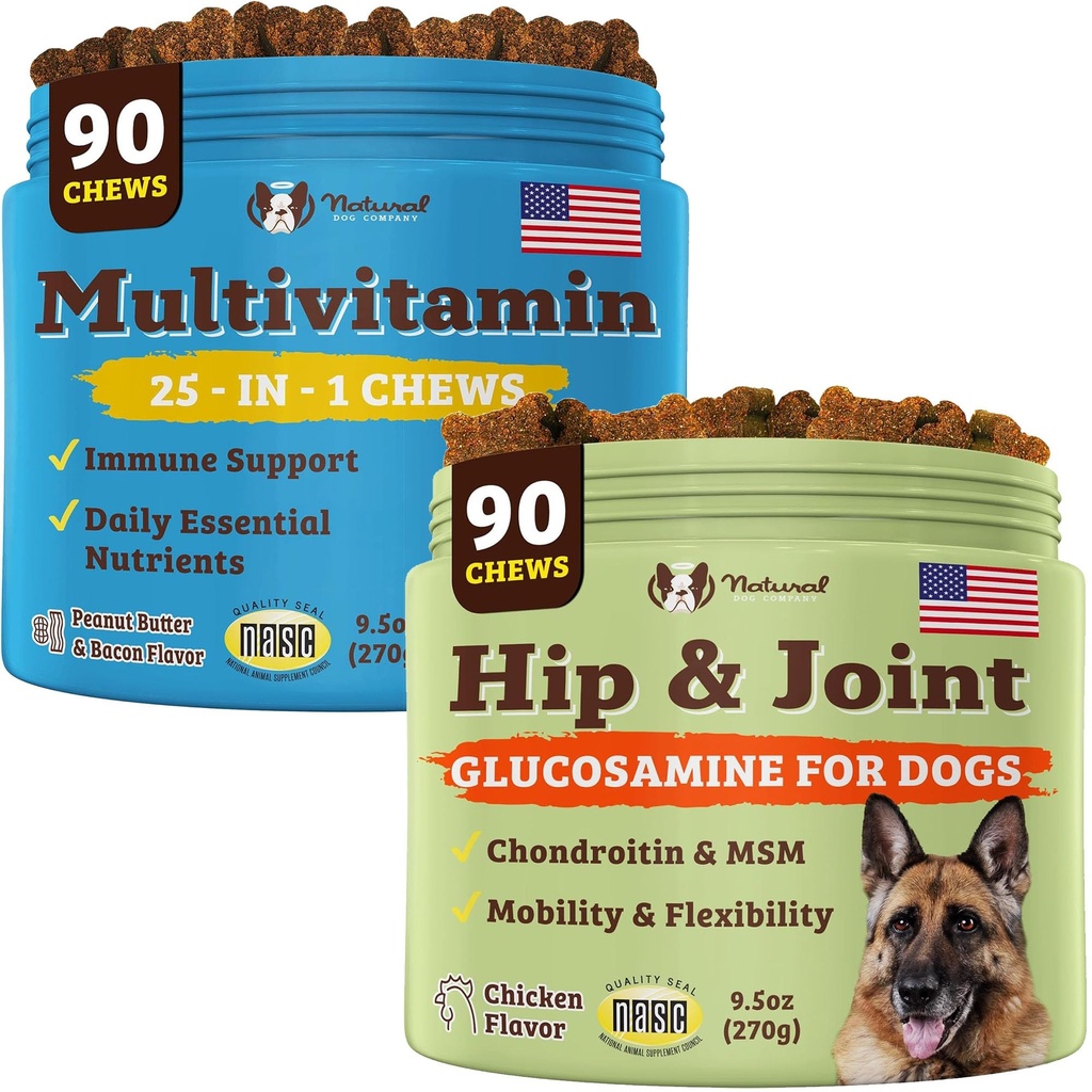 Integratori per cani Natural Dog Company per anziani e cani attivi - Multivitamin Chews & Hip & Joint Relief - Supporto nutrizionale completo per la salute comune, vitamine per cani, energia, & Vitality