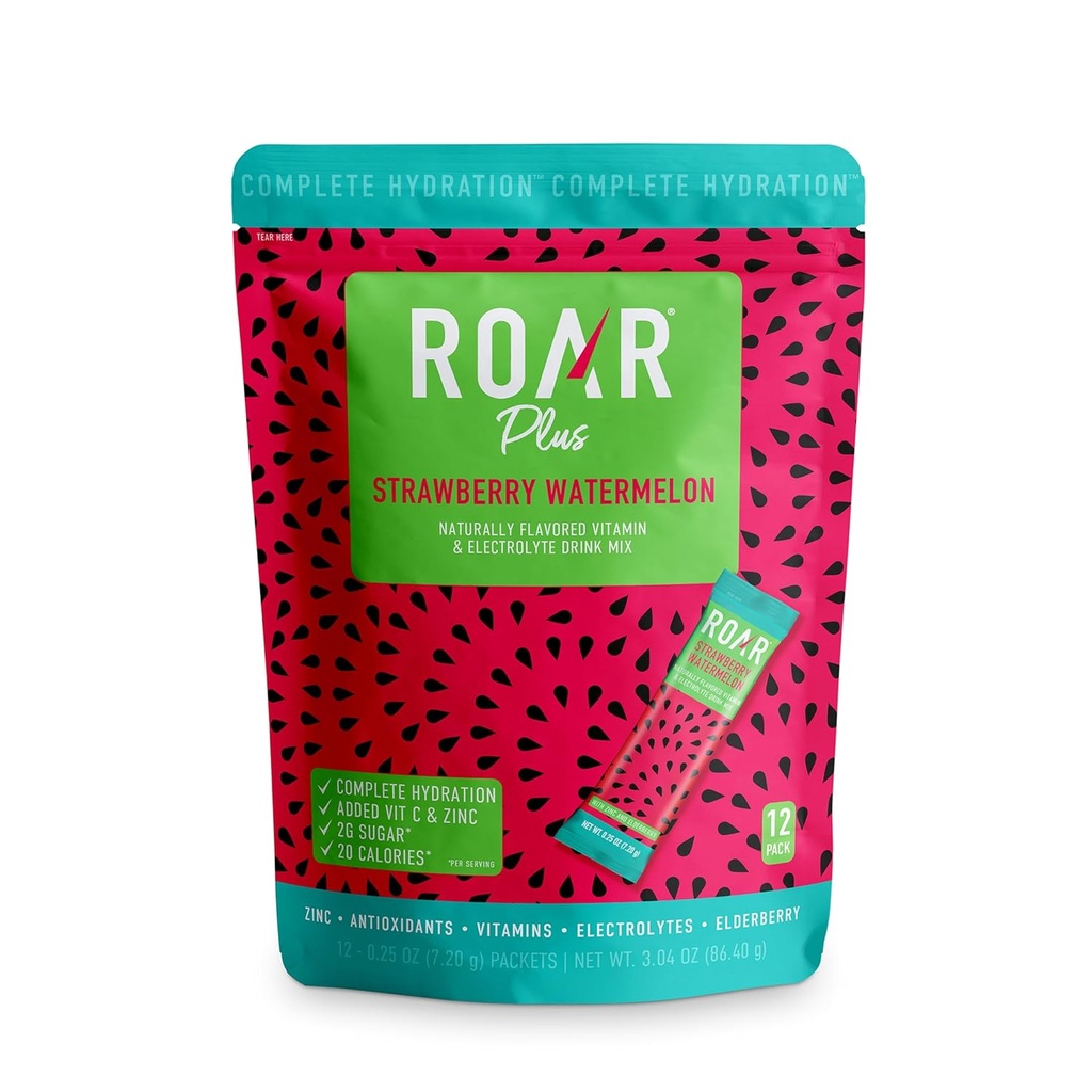 Roar polvere di idratazione completa Plus - Imballaggi di idratazione con zinco e sambuco - Polvere di elettroliti senza OGM, senza glutine - twist tropicale - 12 pc