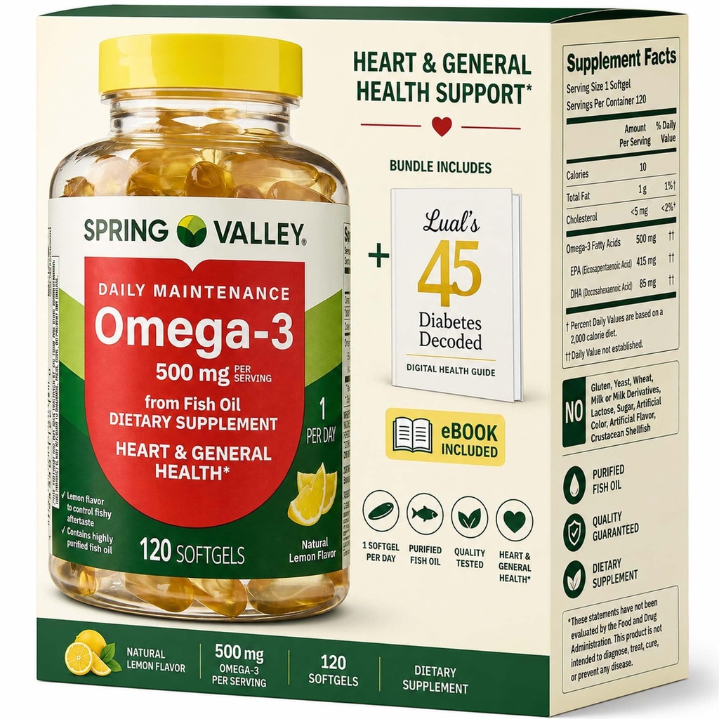 Spring Valley Omega-3 da Fish Oil 500 mg 120 Conta, SoftGels, General & Heart Health Integratore alimentare Bundle con Luall 45 Diabete Decoded
