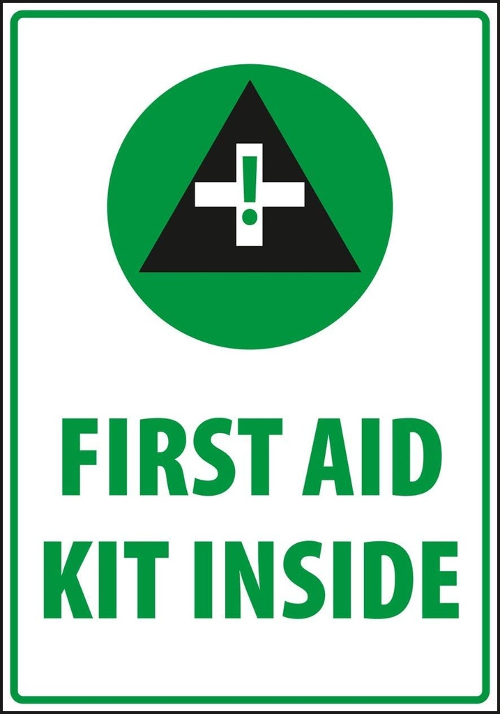 Segno di sicurezza, Avvertenza - Kit di pronto soccorso all'interno, Dimensioni 7 x 10 pollici, Vinile bianco