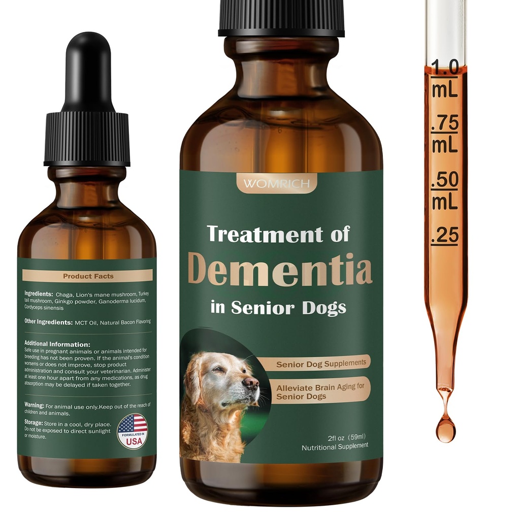 Integratori di cani senior per la salute del cervello e il supporto del sistema nervoso, supplemento di funghi per cani, supplemento di demenza per calmare e rilassamento, indirizzi per la perdita, ritiro sociale - 59 ML