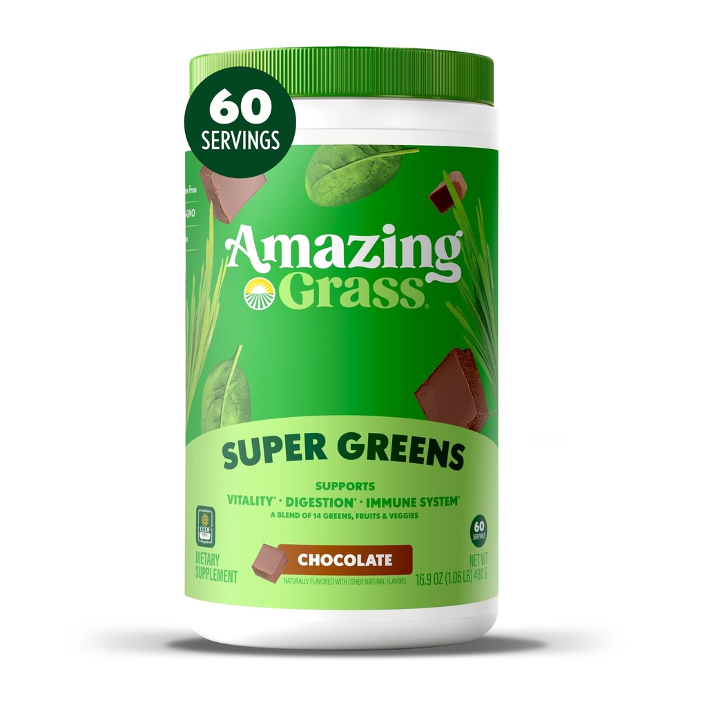 Stupefacente erba verde Superfood Polvere: Greens polvere con enzimi digestivi & probiotici, Spirulina organica, clorella e barbabietola polvere radice, cioccolato, 60 porzioni