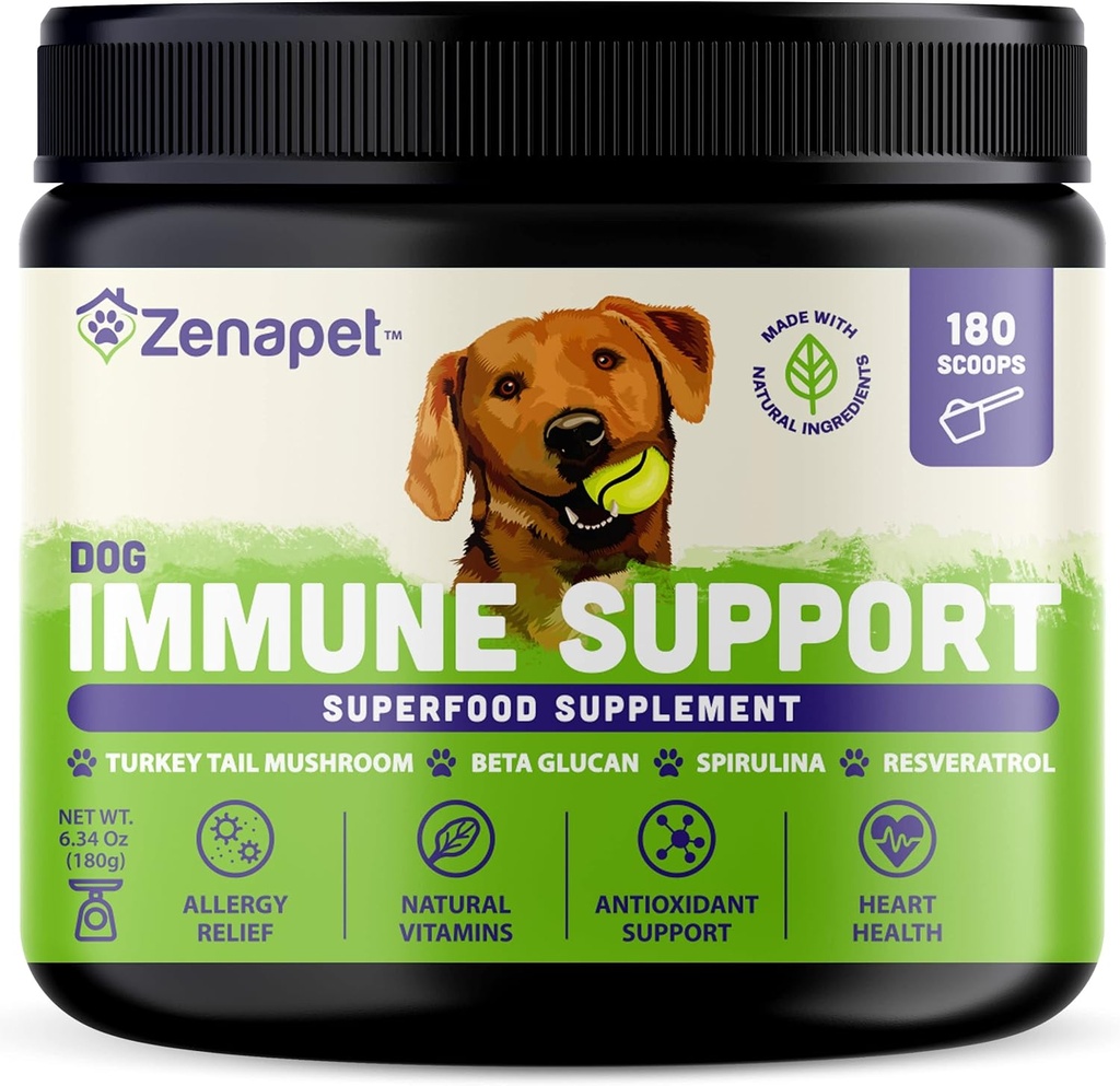 ZENAPET Dog Immune Support Premium Powder Topper, Turkey Tail, Spirulina & Beta-Glucan, Supporta un sistema immunitario sano e digestione, Human-Grade, Made in USA