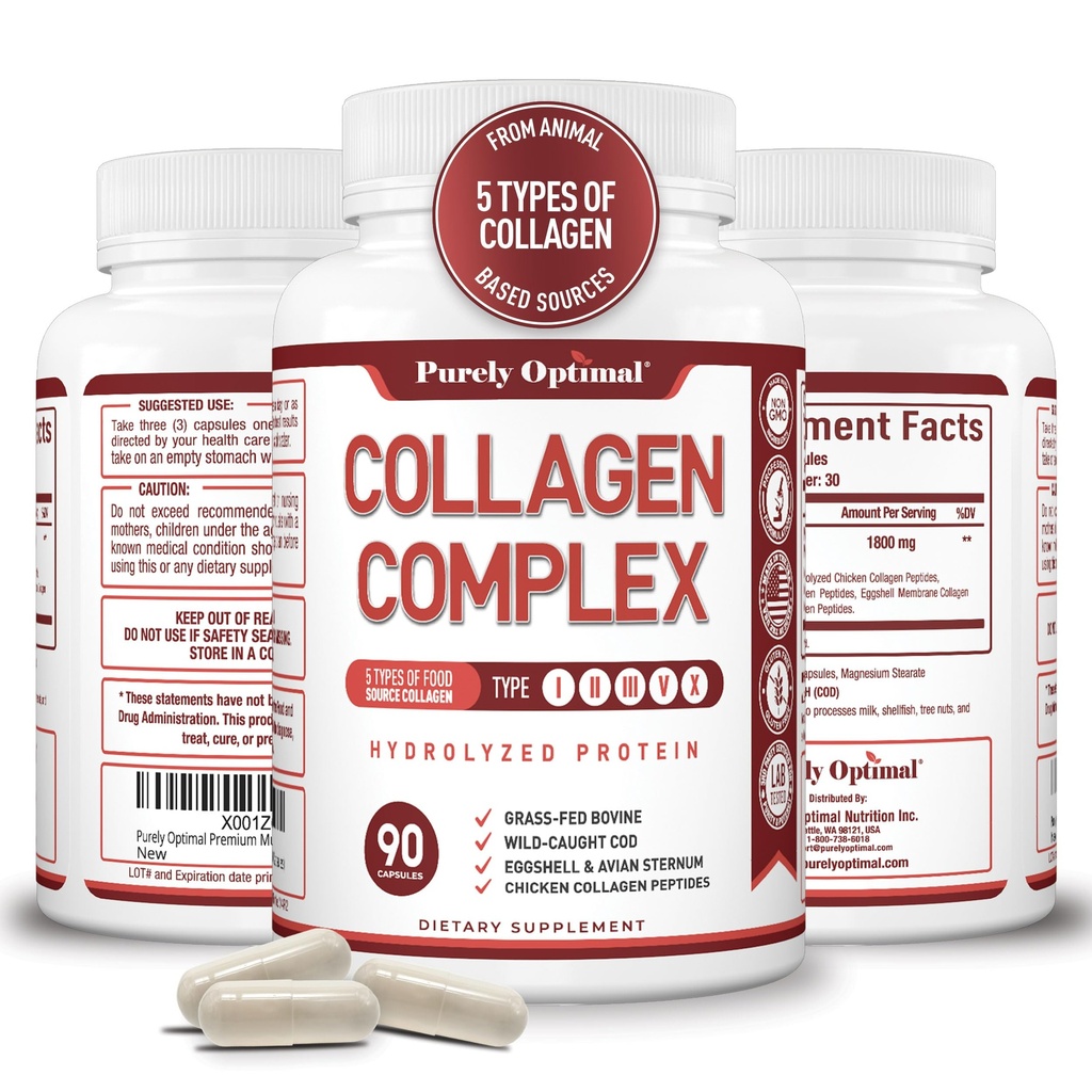 Capsule Peptidi Multi Collagen Premium puramente ottimali (Tipes I, II, III, V, X) - Capelli, Pelle e Unghie, Integratore Sanitario Congiunto Digestivo e Congiunto, Pillole Collagene idrolizzate (90 capsule)