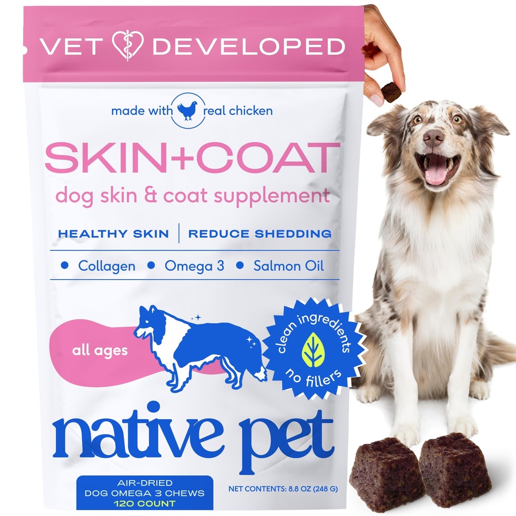 Cuscinetti per animali domestici omessi per cani - Integratore per pelli e cappotti per pelli sane e scintillanti, Ridurre i lettini e i letti asciutti - Realizzati con olio di pesce Omega 3 e olio di salmone selvatico - 120 Chews
