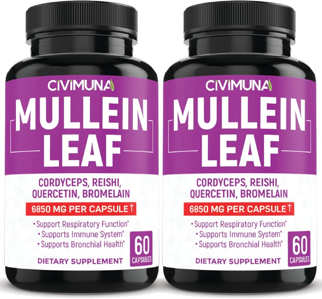 (2 Pacchetti) Mullein Leaf Capsule 6850mg - Mullein Leaf, Cordyceps, Reishi - 4 Mesi di alimentazione