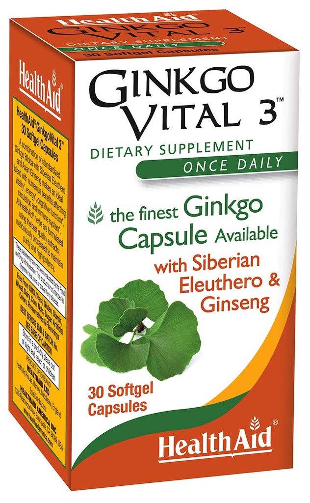 HealthAid Ginkgo Vital 3 – Una volta-Daily Softgel con Ginkgo Biloba, Siberian Eleuthero & Korean Ginseng | Supports Clarity & Circulation Mental | 30 Softgels