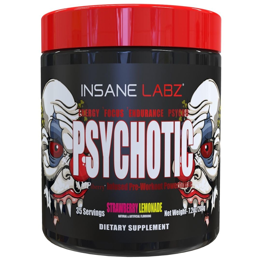 Insane Labz Psicotica, Polvere pre-allenamento ad alto stimolante, Energia estrema, Focus e Endurance con Beta Alanine, Monoidrato di Creatina, DMAE, 35 Srvgs (Limonata di Fragola)