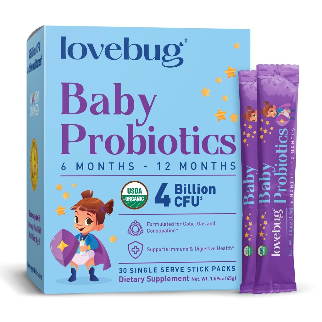 Probiotici LOVEBUG per i bambini - Probiotici per bambini biologici 6-12 Mesi per il supporto immunitario del bambino, gas, carbone, diarrea e costipazione infantile Rilievo senza zucchero, polvere senza gusto, 30 Pack