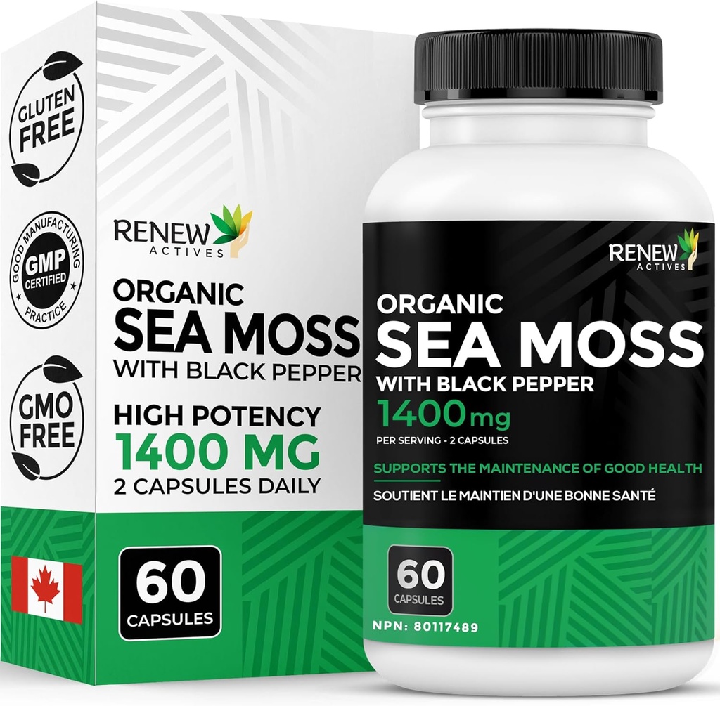 Miscela antiossidante a tripla azione con BioPerine – Organic Irish Sea Moss 500MG, Bladderwrack 500MG & Burdock Root 400MG per 2 capsule – Made in Canada - 60 capsule