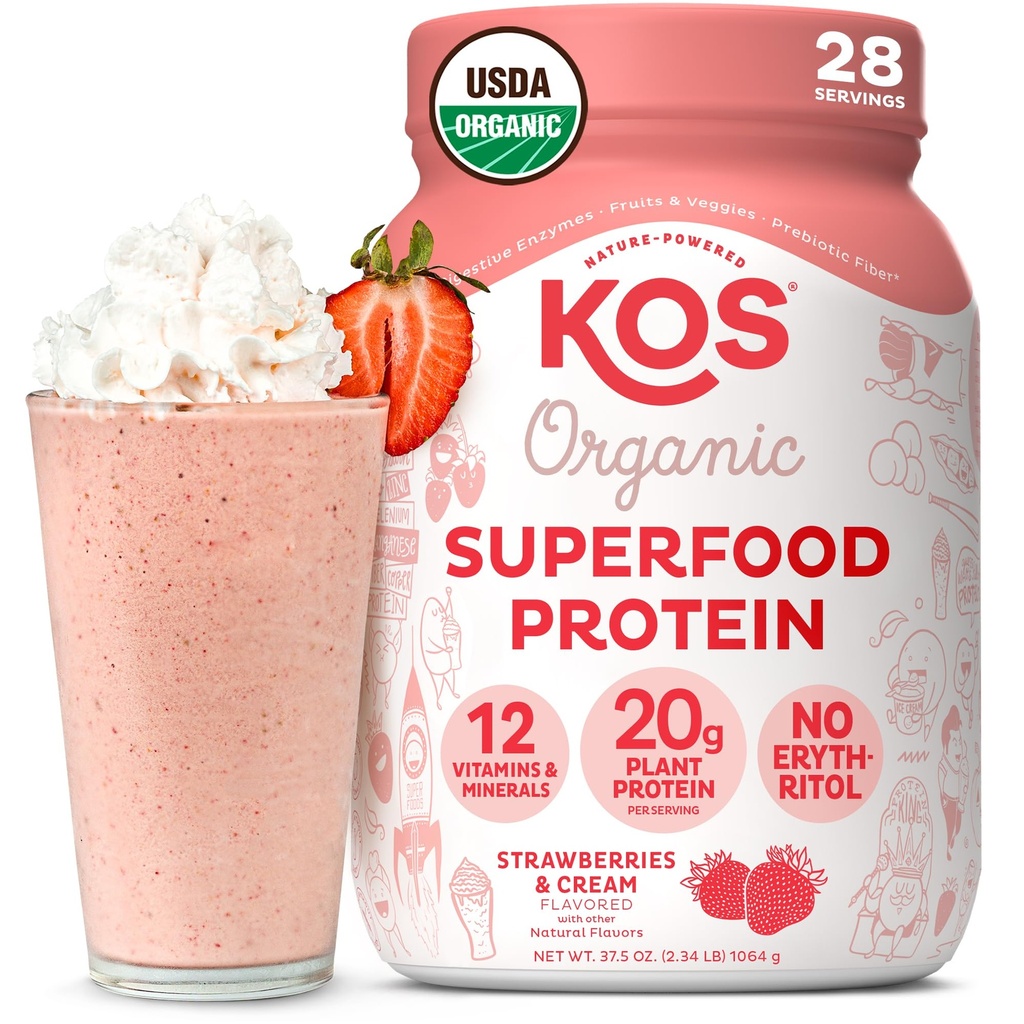 KOS Vegan Protein Powder, Strawberries & Cream USDA Organic - Bassa Carb Pea Protein Blend, Superfood a base di piante con vitamine e minerali, Gluten Free - Meal Sostituzione per le donne e gli uomini - 28 Serve