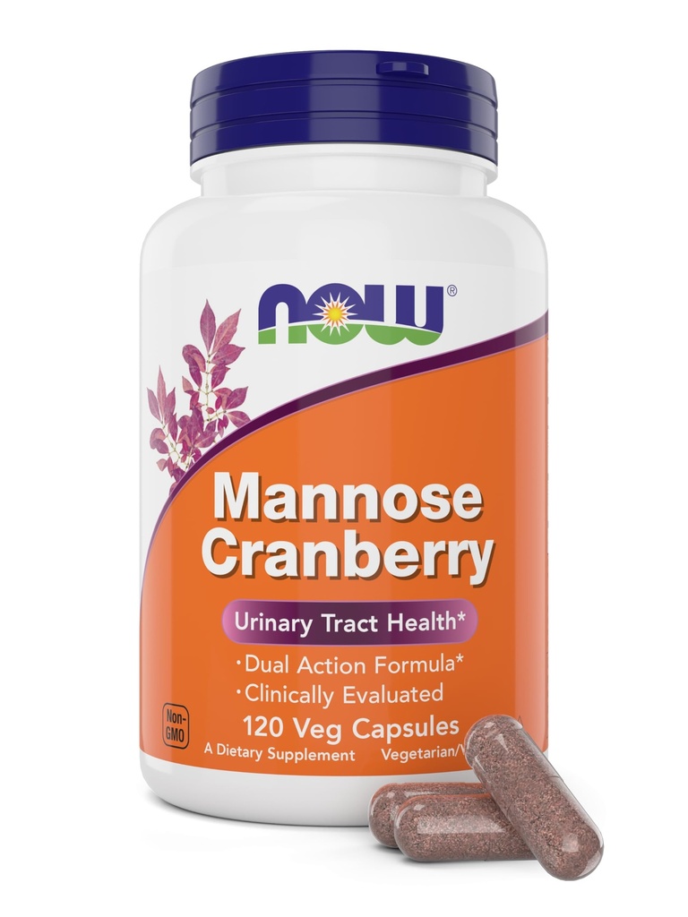 NOW Foods Mannose Cranberry, 120 capsule di veg - con PAC - 450mg dMannose, 250 mg di mirtillo intero - pulizia della vescica e salute del tratto urinario* - Vegan Friendly Supplement, Non OGM