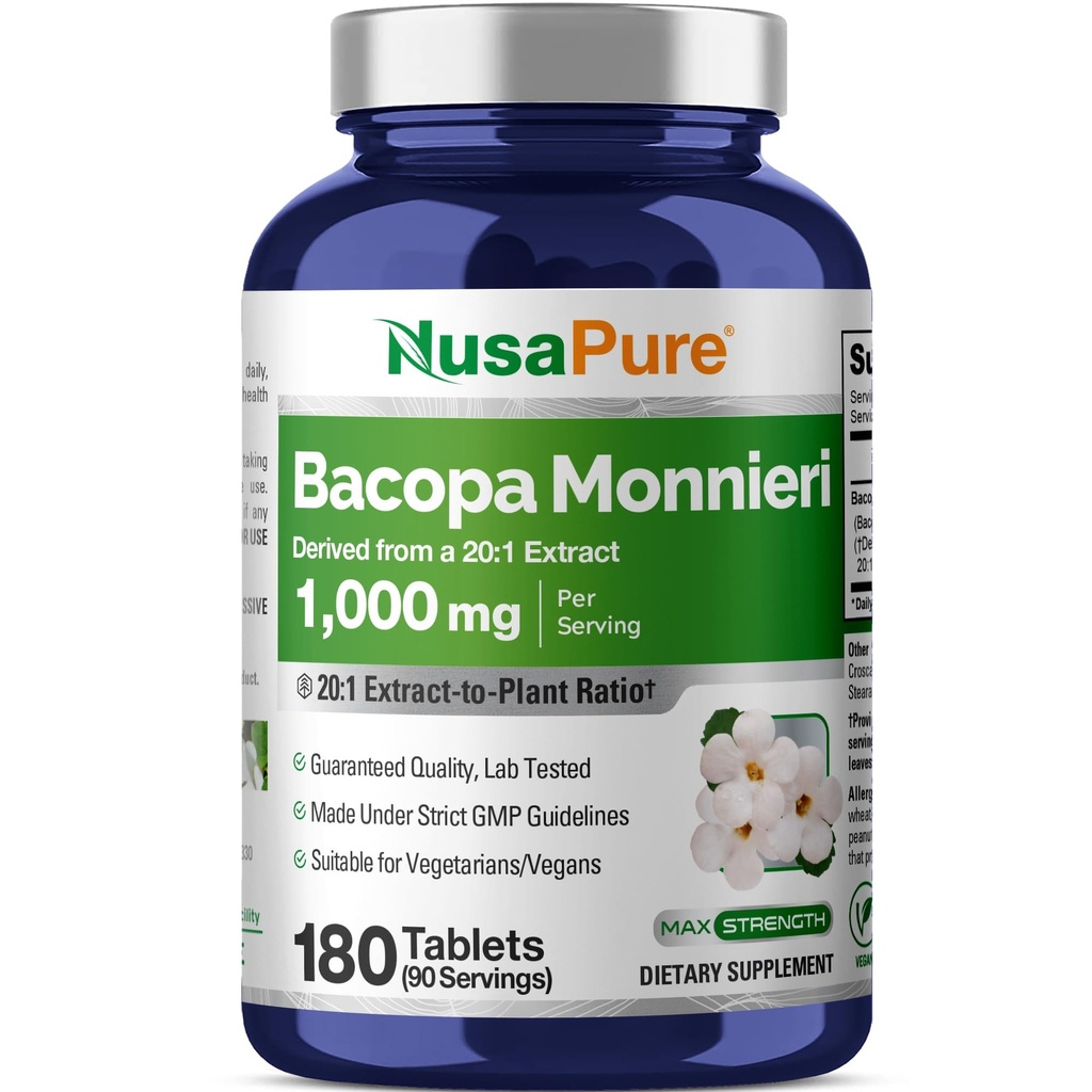 NusaPure Bacopa Leaf Monnieri estrarre 20.000 mg 180 compresse (estratto 20:1, non OGM, senza glutine)