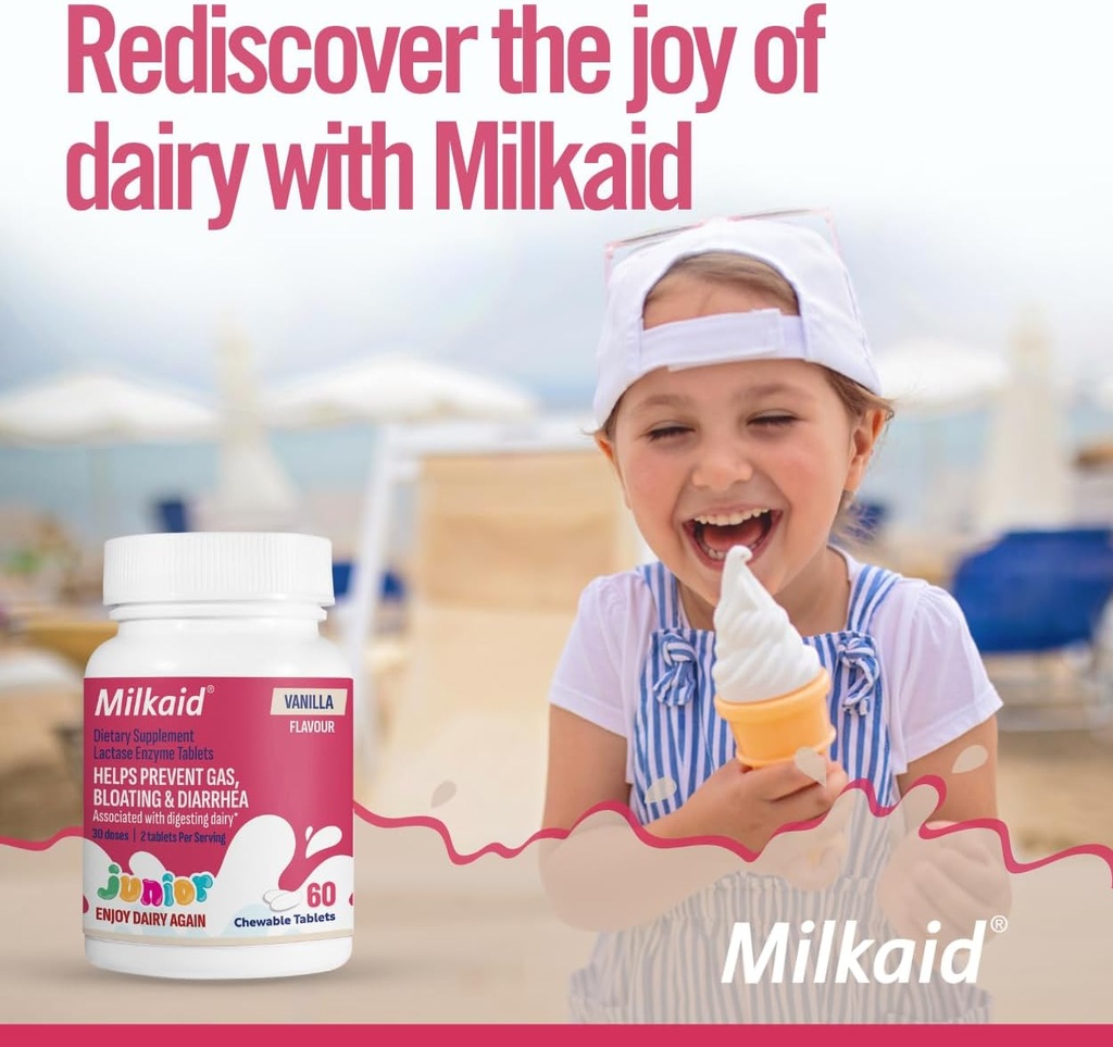 Milkaid Junior Flavor Pack | Aiuta a prevenire gas, Bloating, Diarrea nei bambini | Fast Acting Dairy Digestive Supplemento per bambini | 180 compresse
