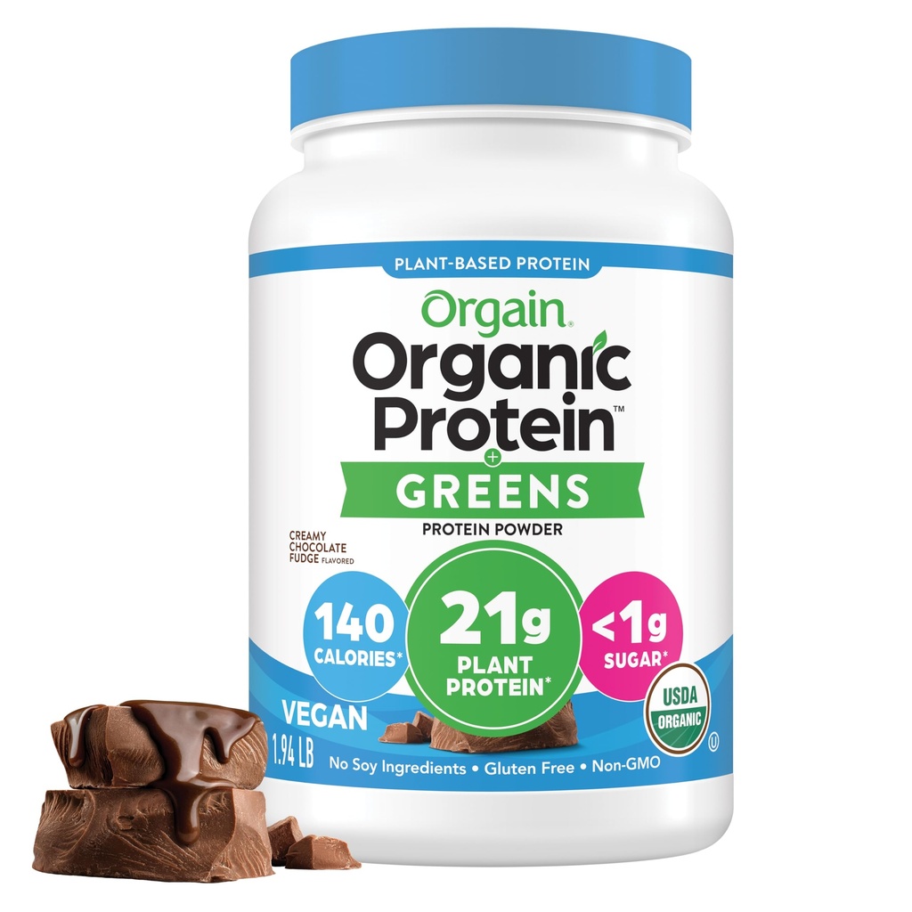 Orgain Organic Vegan Protein Powder + Greens, Creamy Chocolate Fudge - 21g Plant Based Protein, Gluten Free, Dairy & Lactose Free, Soy Free, No Sugar Aggiunto, Iron & Prebiotics for Gut Health - 1.94lb