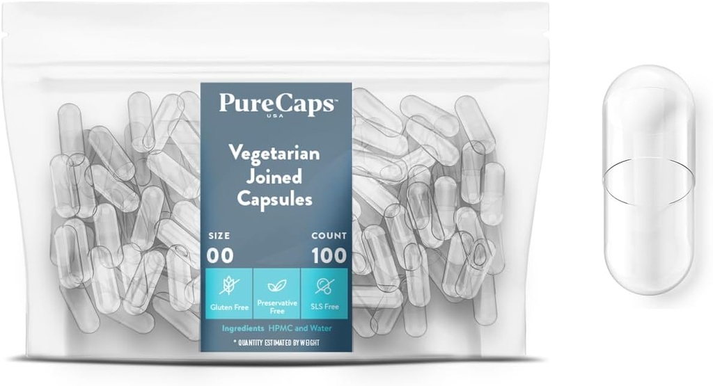 PureCaps Stati Uniti d'America - Empty Vegetariano e Vegan Pill Capsule Dimensioni 00| 100 Pillole associate| Clear| Non-GMO Certified| SLS, Gluten, Preservative Free