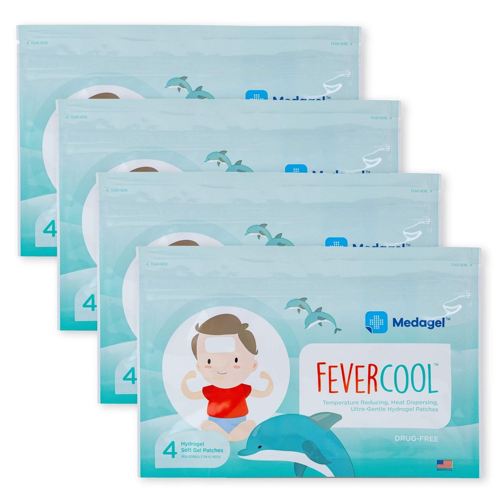 FeverCool Patches - Cooling Patches for Fever, Migraine & Headache Relief | Made in the USA | Cool Temperature | Mess & Odor Free | Adults & Kids 2+ | 4 Packs (16 x Patches)