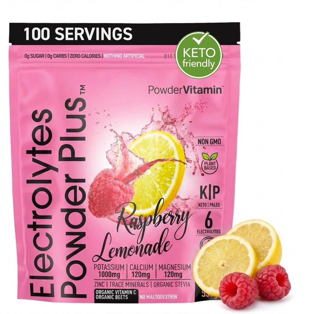 PolvereVitamina Elettroliti Polvere Plus (100 Serve) Polvere di limonata di lampone, Calorie Zero, Keto, Zucchero Zero, No Maltodextrin, 1000mg Potassium, 120mg Calcio, 120mg Magnesio, Idratazione