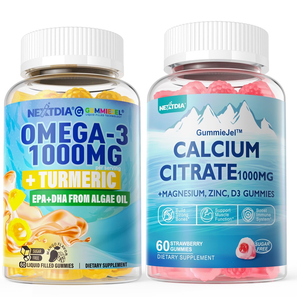 1Pack Citrato di calcio libero di zucchero, Citrato di magnesio & 1Pack Vegan Omega-3 Gummies 1000mg + curcuma