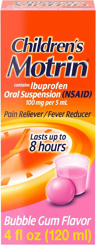 Medicina della sospensione orale di Motrin per bambini, 100 mg Ibuprofene, Riduttore di febbre per bambini e dolore per dolori minori a causa di freddo e fluido, senza alcool, gomma aromatizzata, 4 fl. oz