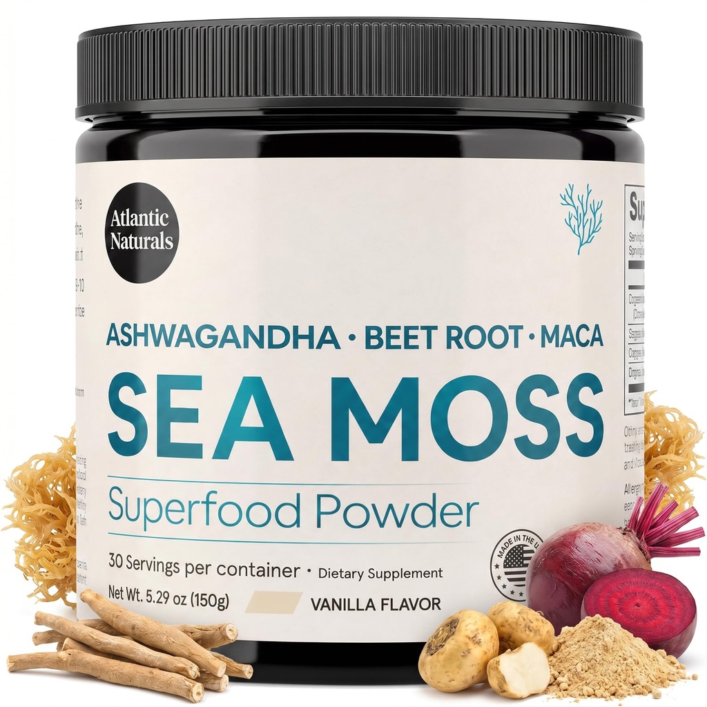 Atlantic Naturals Sea Moss Superfood Powder con Ashwagandha, radice di barbabietola e radice di Maca - polvere di Moss del mare Supporta la pelle sana, le prestazioni atletiche e l'umore positivo - Vanilla Flavor (150g)