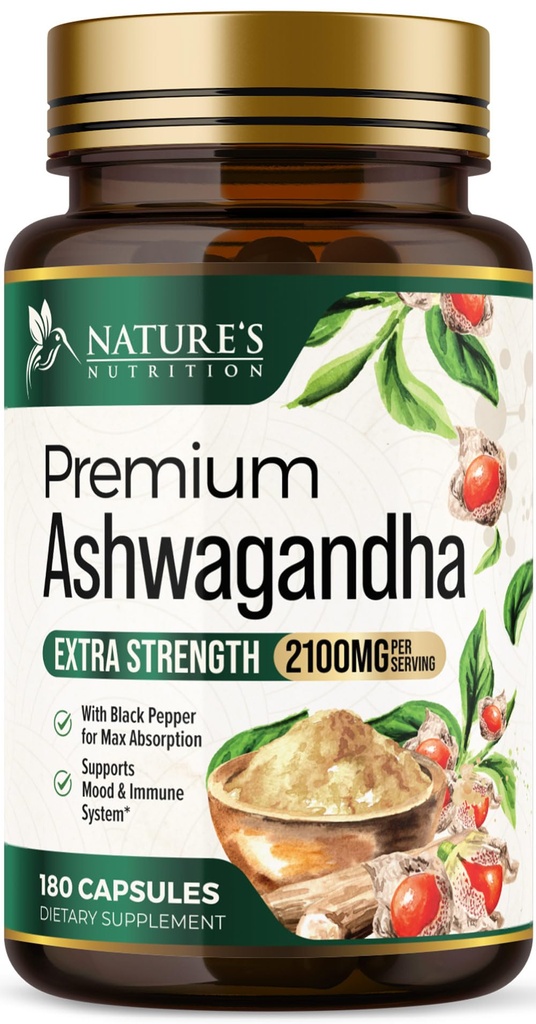 Ashwagandha Integratori - 2100mg Ashwagandha Capsule per Donne & Uomini, Supporto Antiossidante Naturale, Estratto di Radice di Ashwa, Supporto Calma Extra Forza con Pepe Nero, Vegan & Gluten Free - 180 Capsule