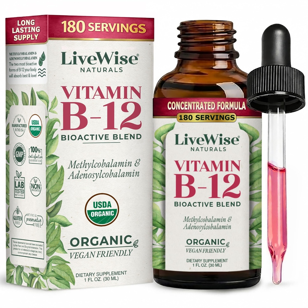 Gocce di vitamina B12 non OGM, miscela bioattiva organica per energia, clarity, messa a fuoco, e facile assorbimento, Adenosylcobalamin & Methylcobalamin Supplement, Vegan, senza glutine, Dairy-Free