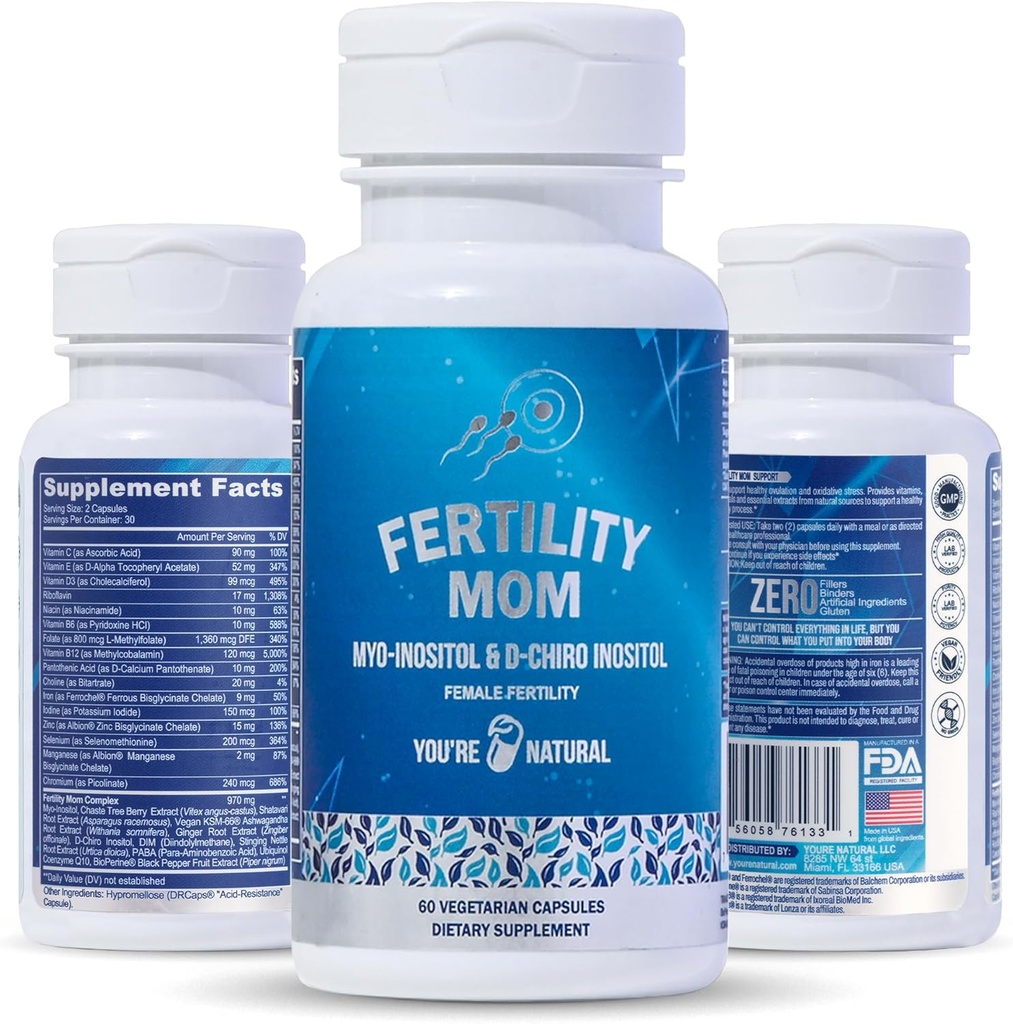 Vitamine di fertilità per le donne - Vitamine prenatali - Myo-Inositol, D-Chiro Inositol & Folate, Regola il ciclo, Ovulazione di aiuto, Supporto ormonale e ovarico, Vitex, 30 giorni di alimentazione