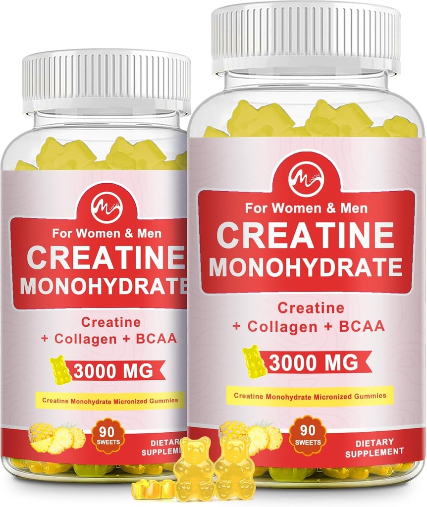 Gomma di creatina, 3g di creatina monoidrato per porzione, Gomma Monoidrato di creatina senza zucchero per la crescita del muscolo e la resistenza con il collagene di 0.5g, 0.2g BCAA, 60 Servings, aroma di ananas, 2 Pack