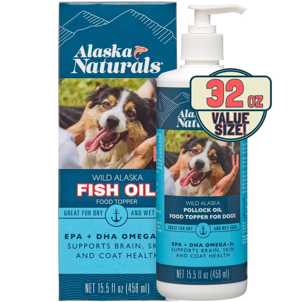Alaska Naturals Wild Alaskan Fish Oil Supplemento per cani pelle e cappotto con EPA DHA Omega 3 acidi grassi topper alimentare liquido sostenibile 32 oz. Pompa