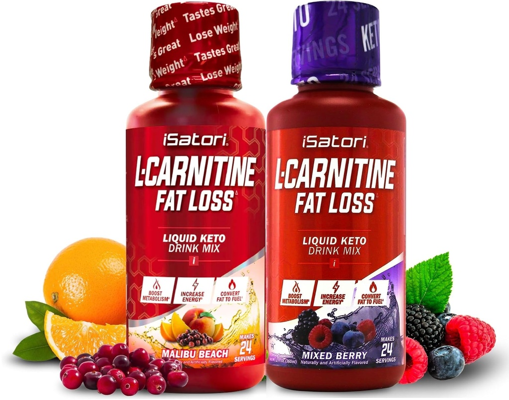 iSatori L-Carnitina 1500, L-Carnitina liquida con Acetil L-Carnitina, Frumento di bacche miste (24 Serve) & Malibu Beach Flavor (24 Serve)