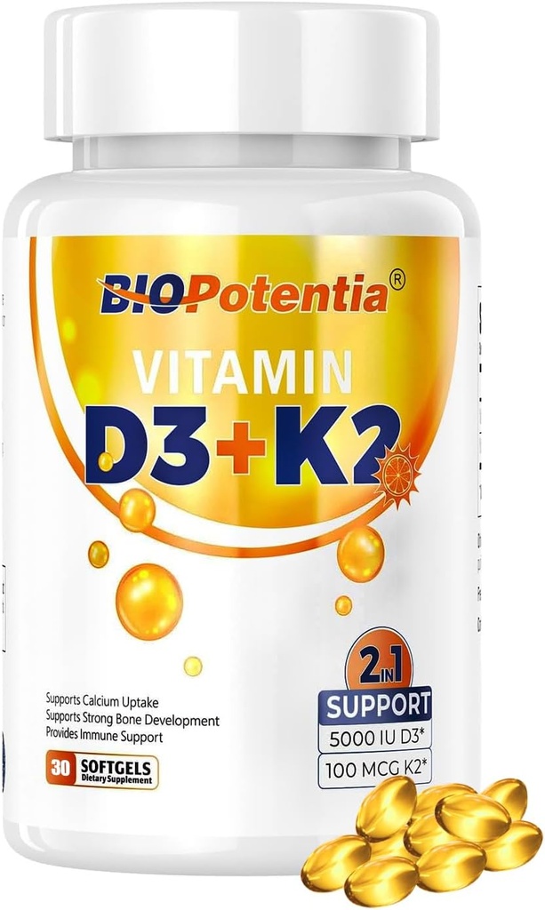 Vitamina D3 K2 con Integratore di Olio MCT, Vitamina D3 5000 IU & K2 100MCG (MK7), Supporta Immune, Bone & Teeth Health - Gluten Free Non-GMO - 30 Softgels