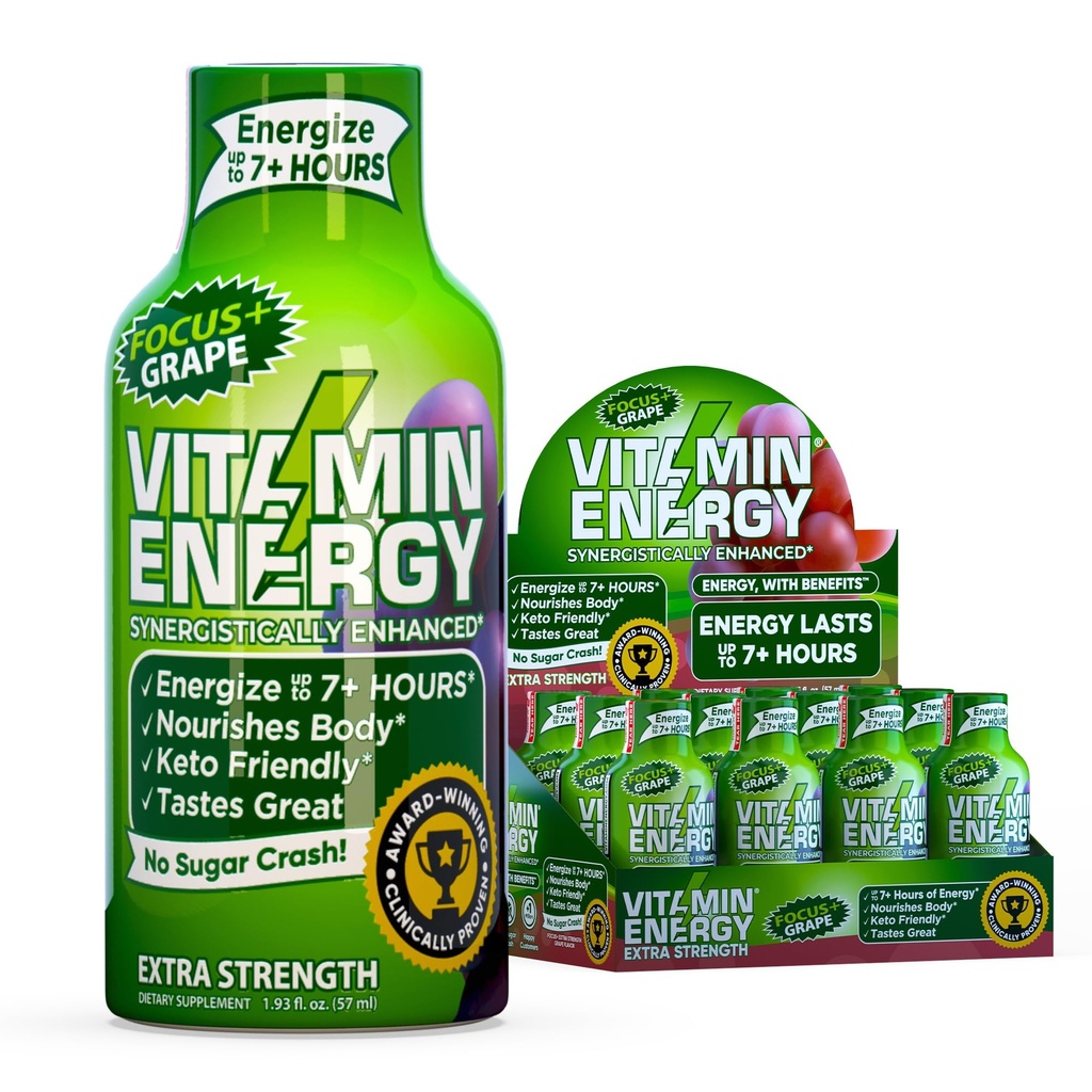 Vitamin Energy Focus+ Extra Strength Energy Shot Grape 12 Pack, 260mg Natural Caffeine, B-Vitamins, CoQ10, Aminoacidi, Focus, Produttività & Clarity, Zero Sugar, Gluten-Free, 1.93 fl oz