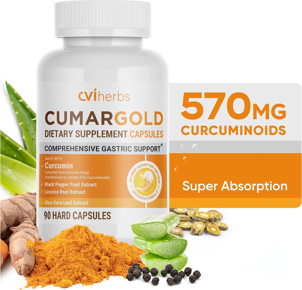 Cumargold 570mg Curcuminoidi Curcuminoidi Curcuminoidi curcuma curcuma Supplemento con Piperina, Radice di liquirizia & Aloe Vera - Capsule naturali di benessere ad alta potenza (90 Conte)
